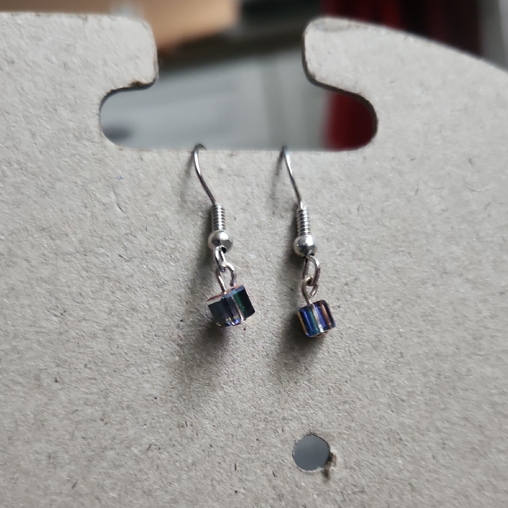 Elegant Silver Tone Hook and Blue Glass Cube Earrings Handmade Artisan Fashion
